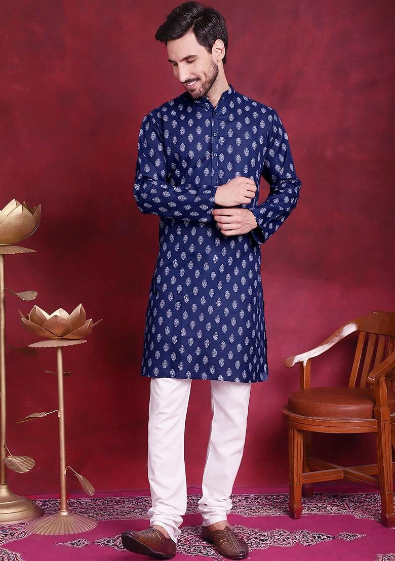 Navy Blue Printed Poly Blend Kurta Set For Men