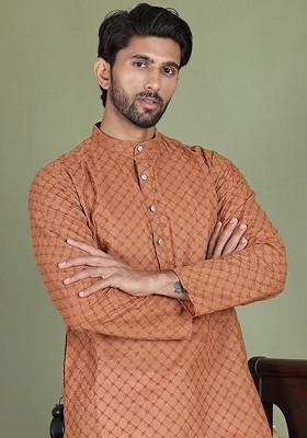 Brown Embroidered Poly Blend Kurta Set For Men