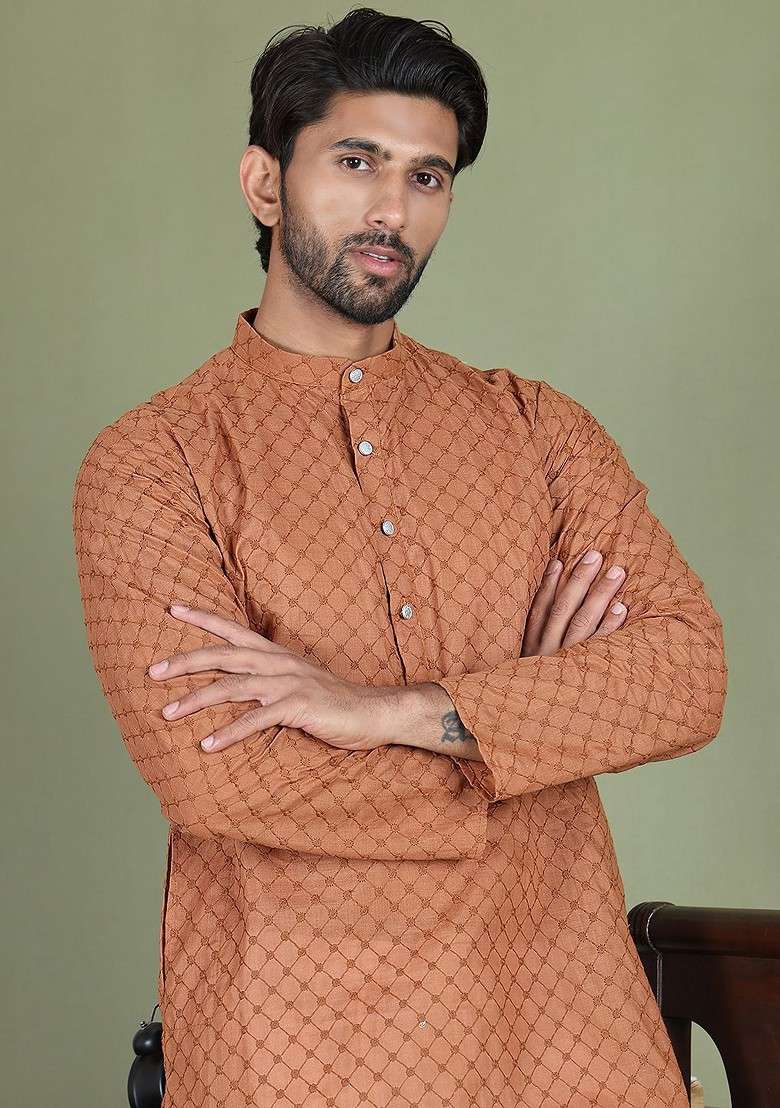 Brown Embroidered Poly Blend Kurta Set For Men - Indya