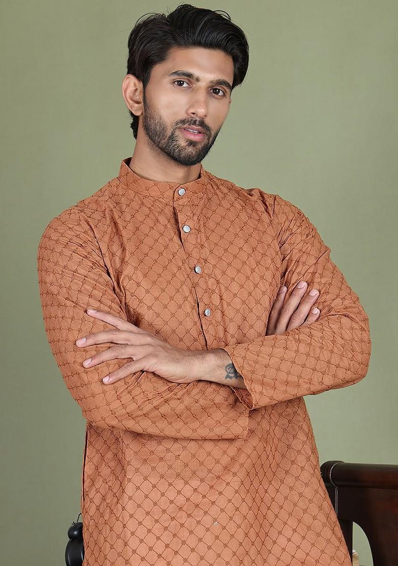 Brown Embroidered Poly Blend Kurta Set For Men