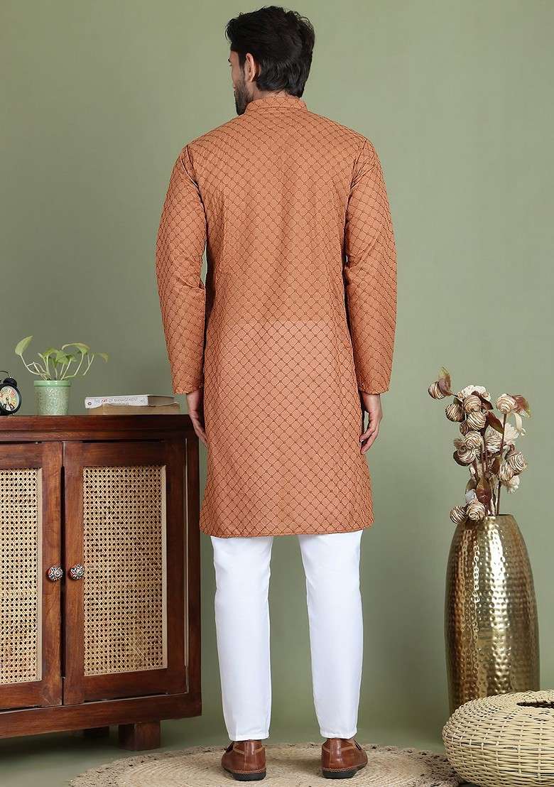 Brown Embroidered Poly Blend Kurta Set For Men - Indya