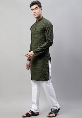 Olive Embroidered Poly Blend Kurta Set For Men