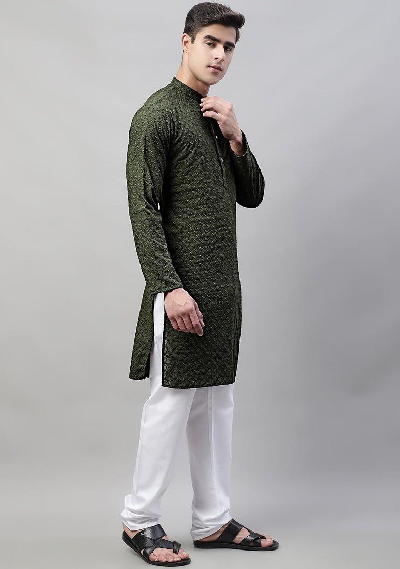 Olive Embroidered Poly Blend Kurta Set For Men