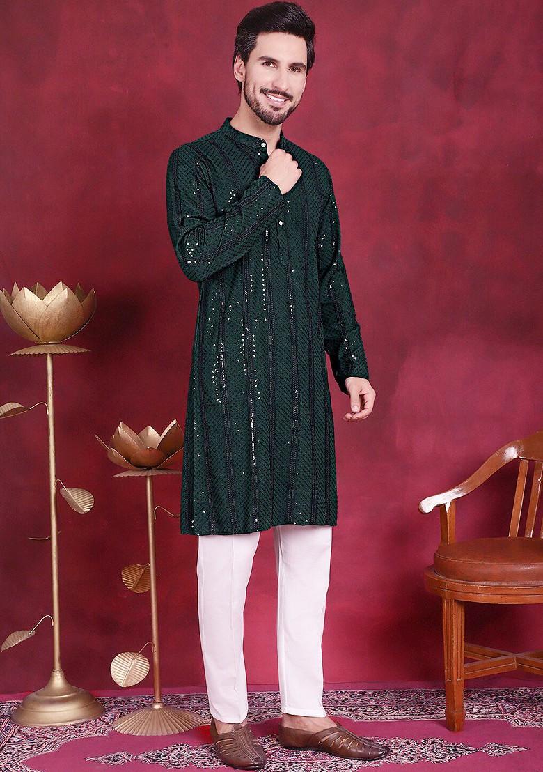 Olive Embroidered Poly Blend Kurta Set For Men
