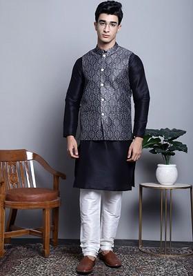 Charcoal Grey Embroidered Poly Blend Kurta Set For Men