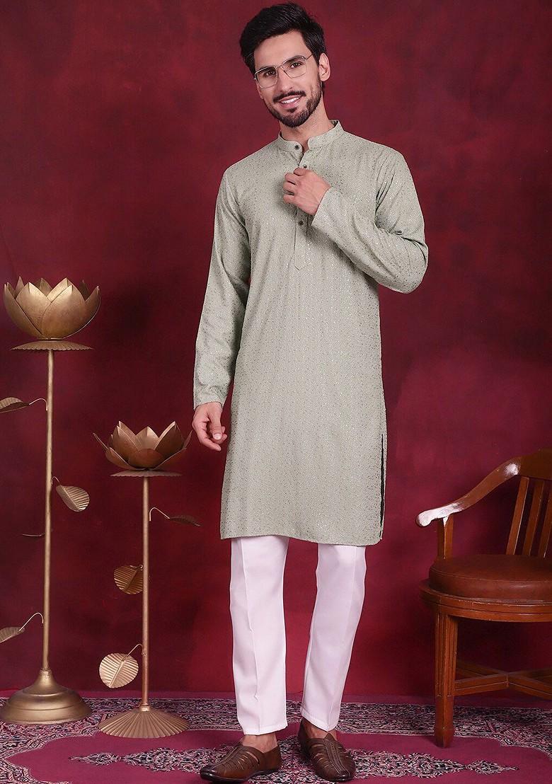 Green Embroidered Poly Blend Kurta Set For Men