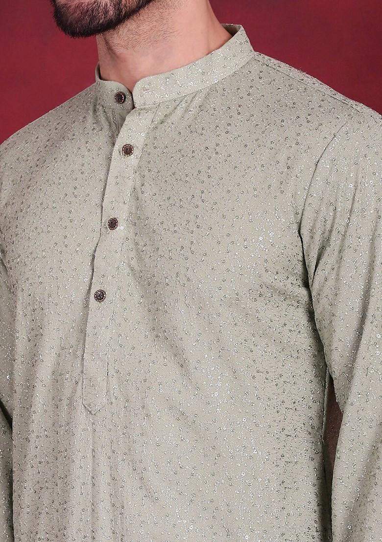 Green Embroidered Poly Blend Kurta Set For Men
