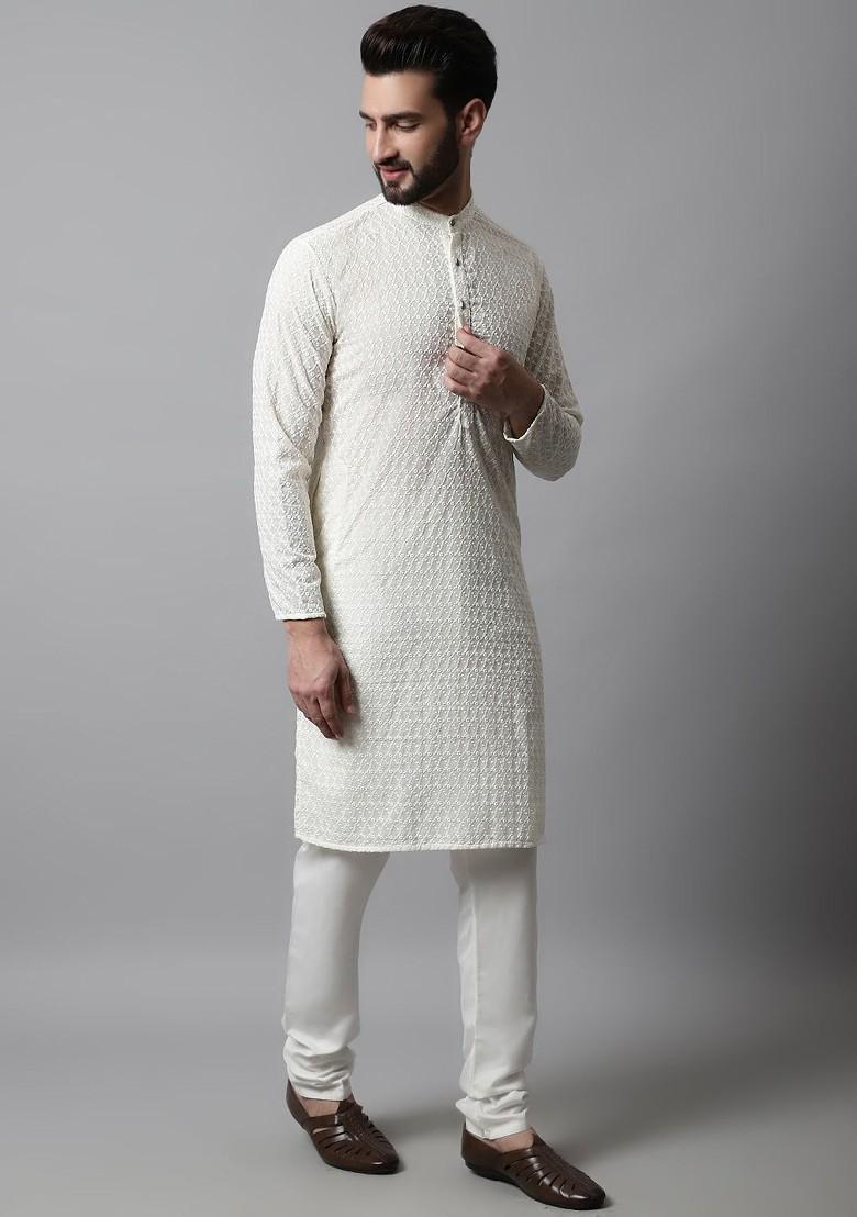 Cream Embroidered Poly Blend Kurta Set For Men
