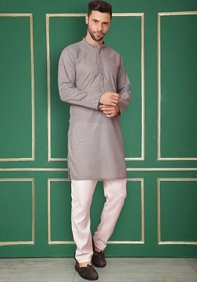 Grey Embroidered Poly Blend Kurta Set For Men