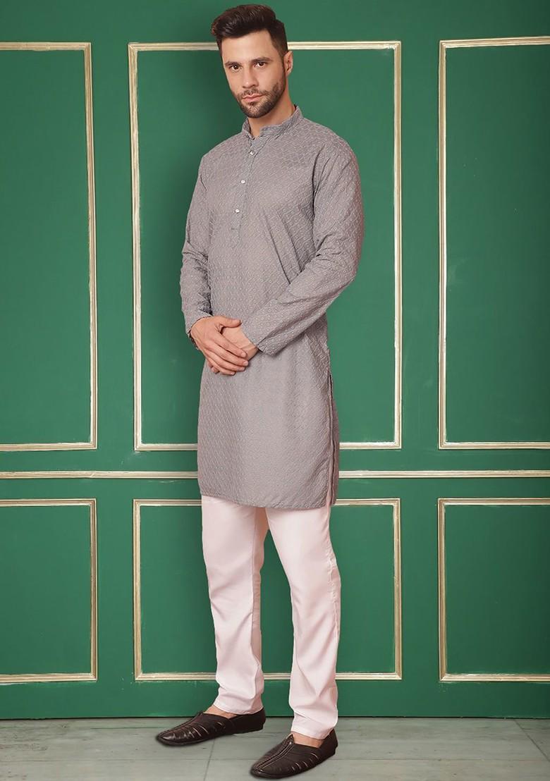 Grey Embroidered Poly Blend Kurta Set For Men