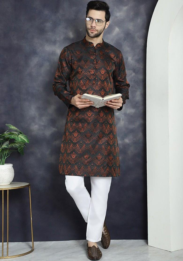 Black Woven Design Poly Blend Kurta Set For Men