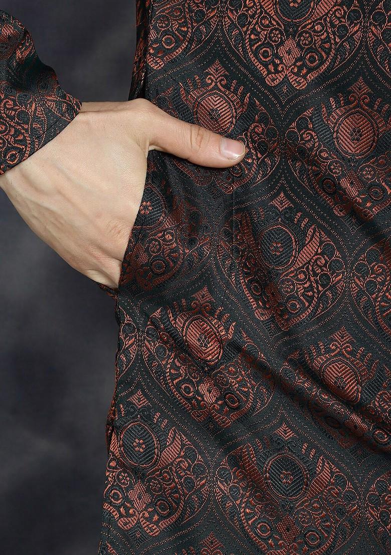 Black Woven Design Poly Blend Kurta Set For Men
