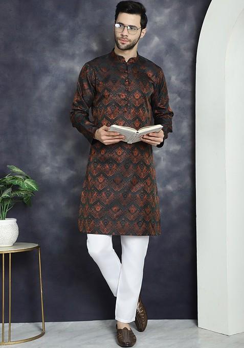 Black Woven Design Poly Blend Kurta Set For Men — view on Indya