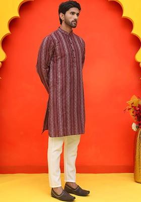 Maroon Embroidered Poly Blend Kurta Set For Men