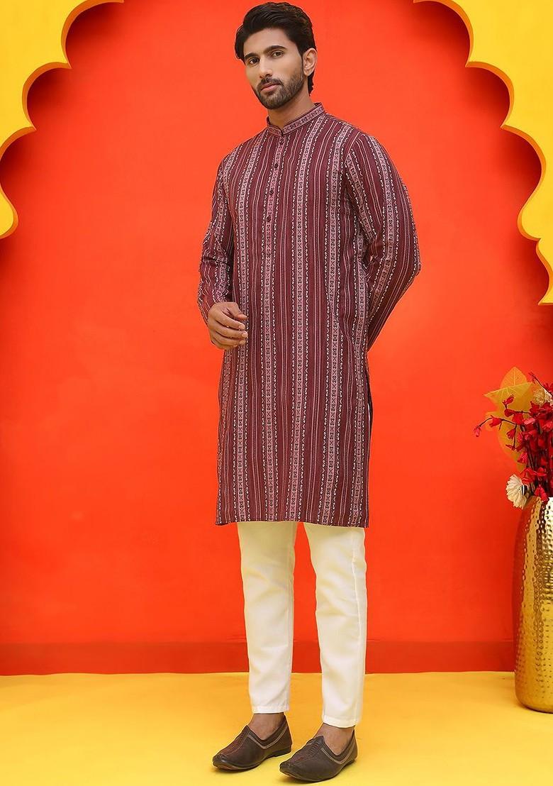 Maroon Embroidered Poly Blend Kurta Set For Men