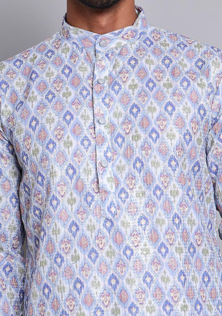 Blue Embroidered Poly Blend Kurta Set For Men
