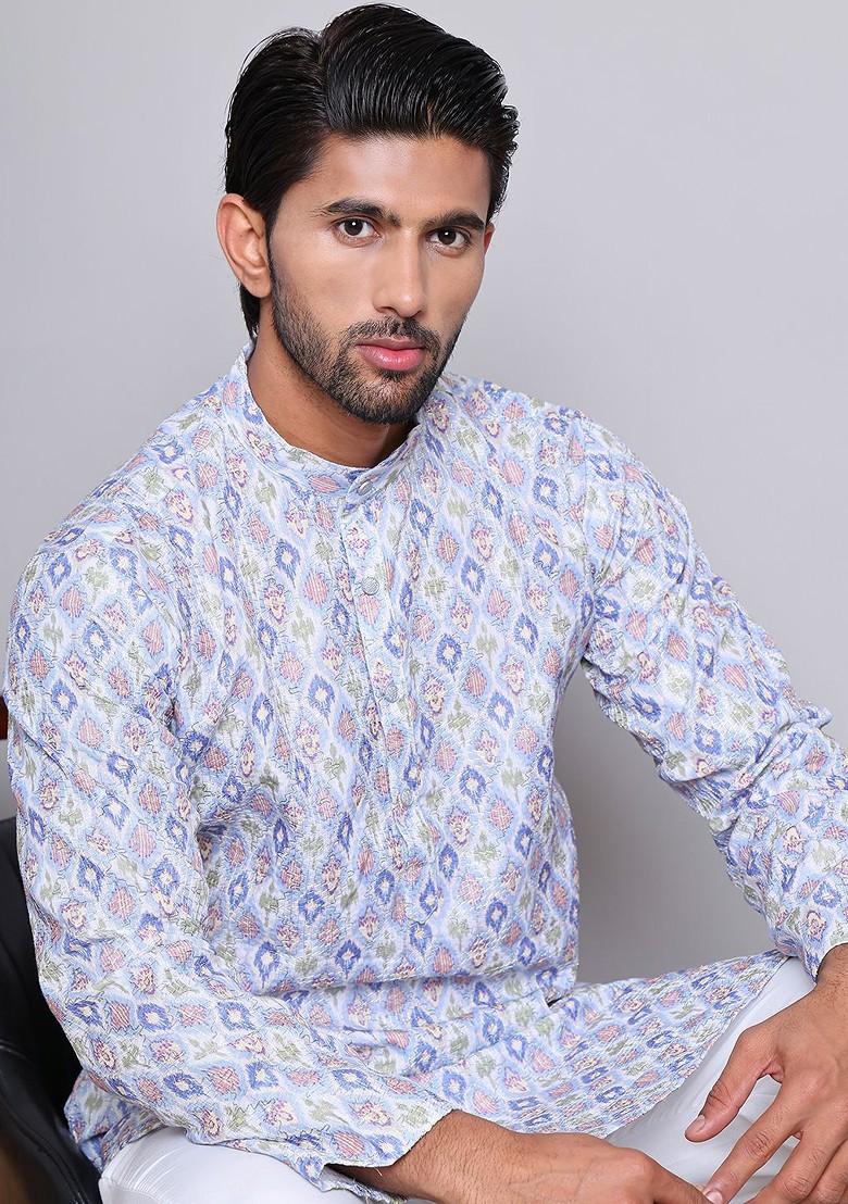 Blue Embroidered Poly Blend Kurta Set For Men