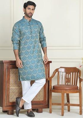 Blue Embroidered Poly Blend Kurta Set For Men