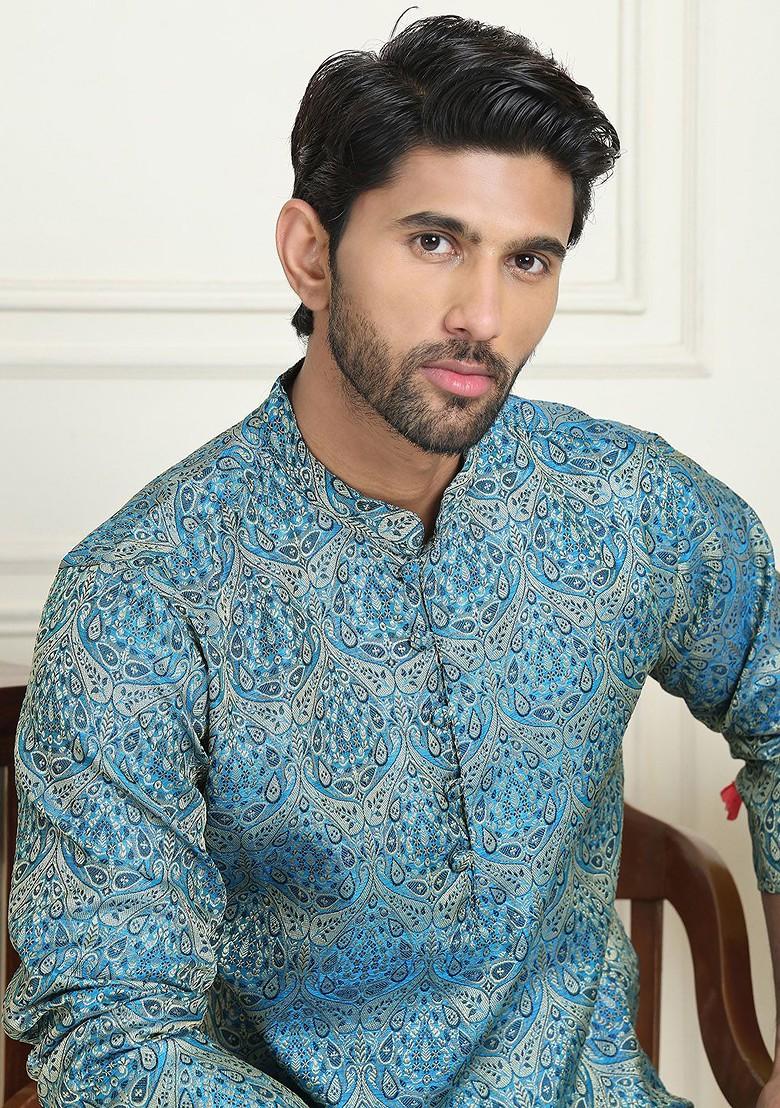 Blue Embroidered Poly Blend Kurta Set For Men