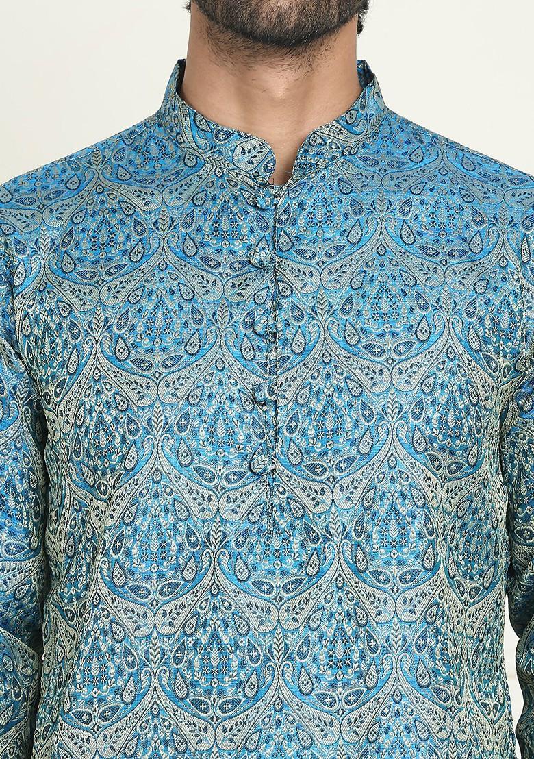 Blue Embroidered Poly Blend Kurta Set For Men