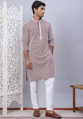 Maroon Embroidered Poly Blend Kurta Set For Men