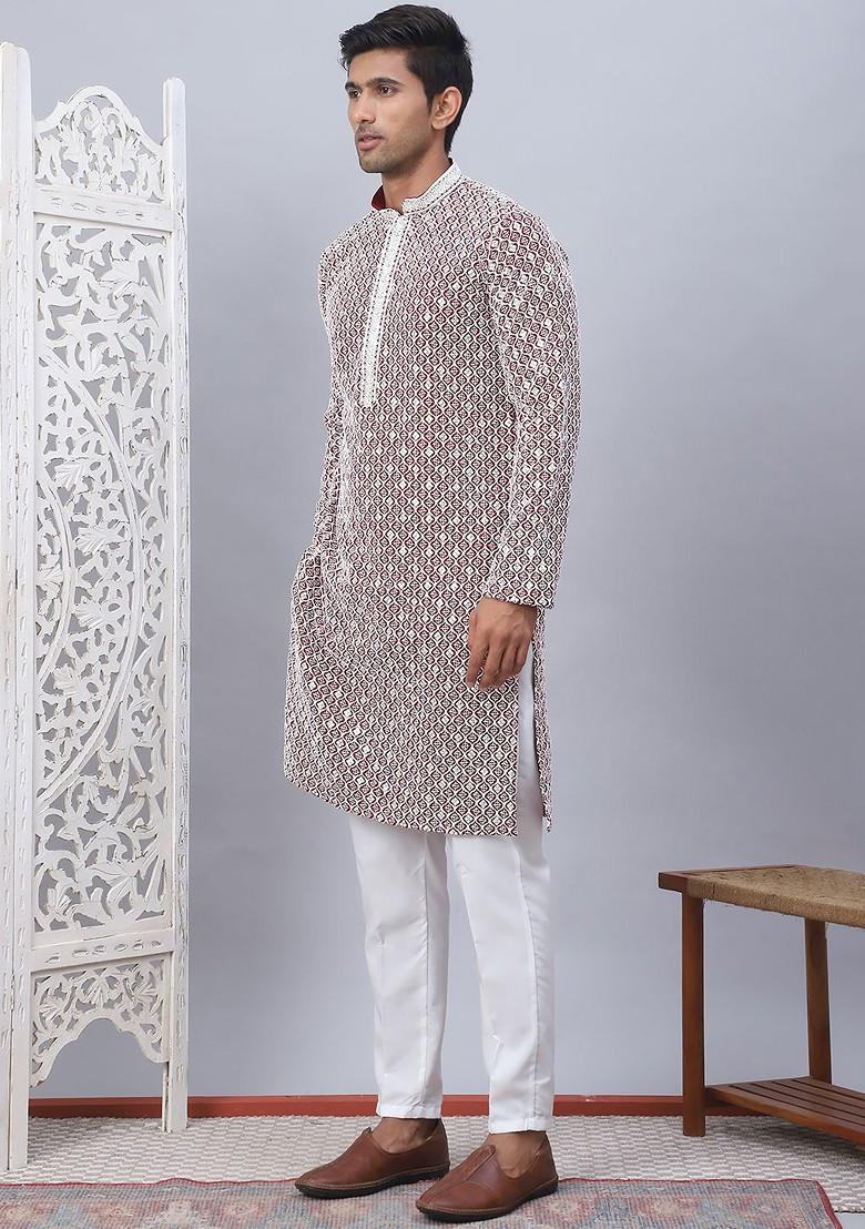 Maroon Embroidered Poly Blend Kurta Set For Men