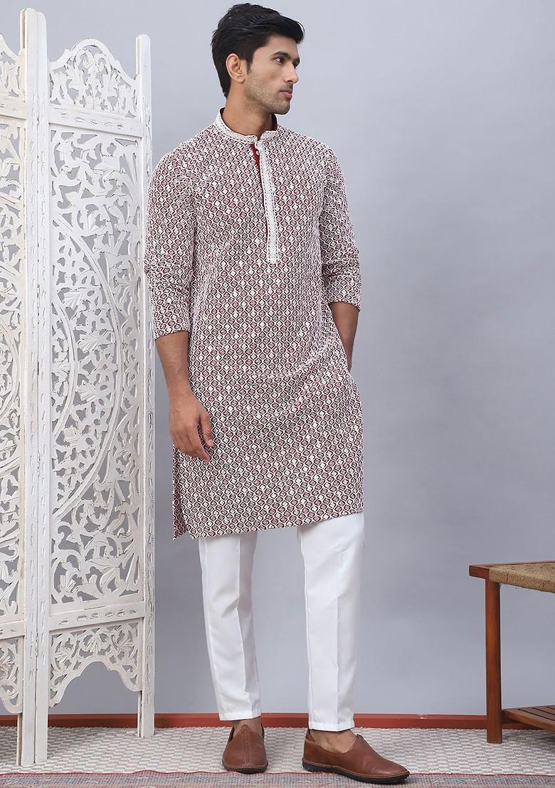 Maroon Embroidered Poly Blend Kurta Set For Men