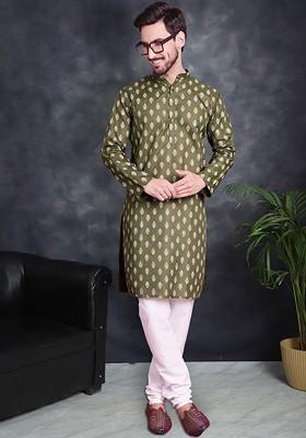 Olive Printed Poly Blend Kurta Set For Men