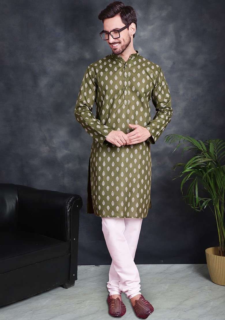 Olive Printed Poly Blend Kurta Set For Men - Indya