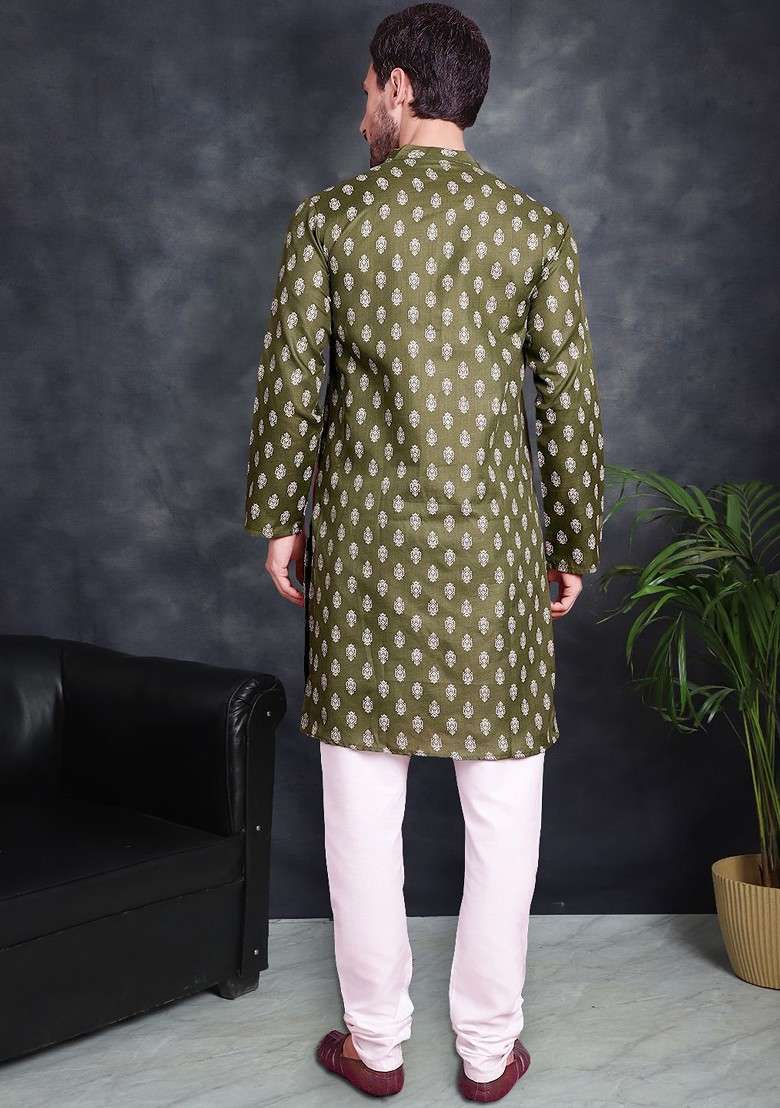 Olive Printed Poly Blend Kurta Set For Men - Indya