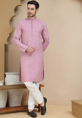 Magenta Embroidered Poly Blend Kurta Set For Men