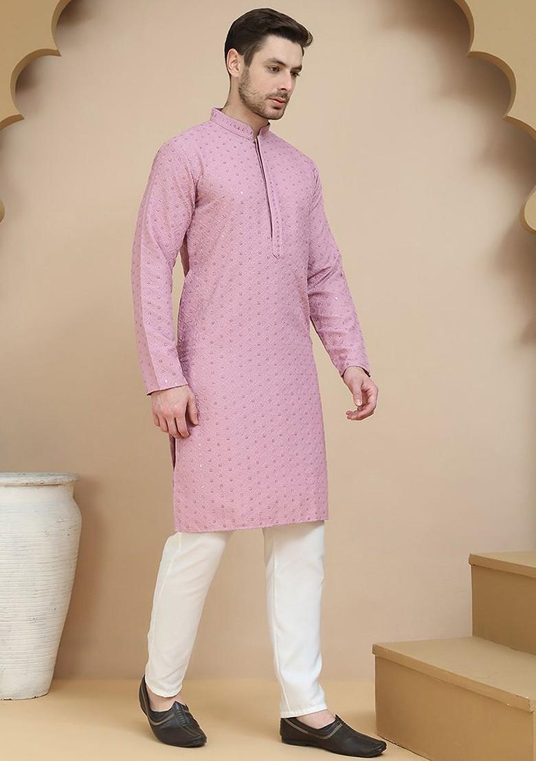 Magenta Embroidered Poly Blend Kurta Set For Men