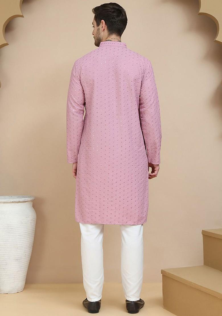 Magenta Embroidered Poly Blend Kurta Set For Men