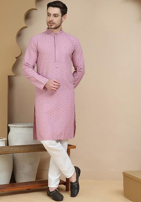 Magenta Embroidered Poly Blend Kurta Set For Men — view on Indya