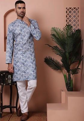 Grey Printed Poly Blend Kurta Set For Men