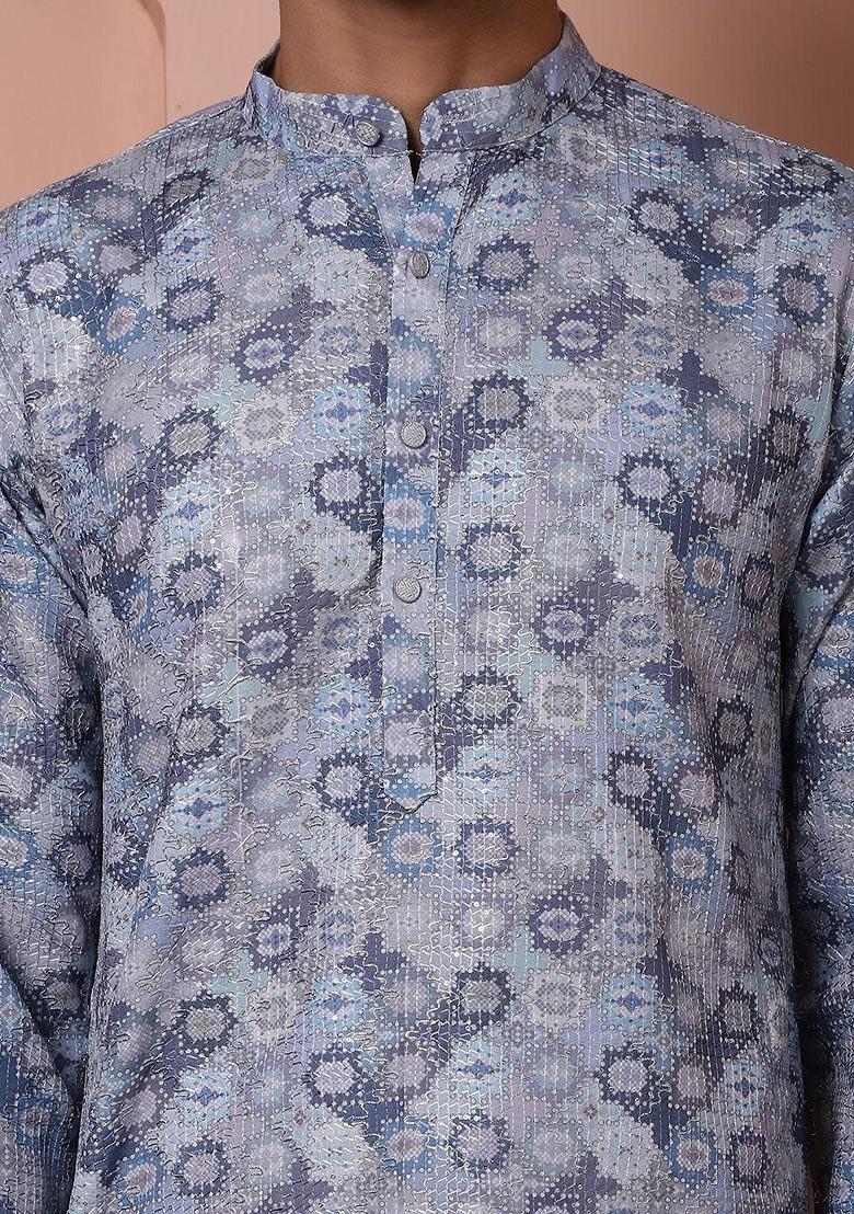 Grey Printed Poly Blend Kurta Set For Men