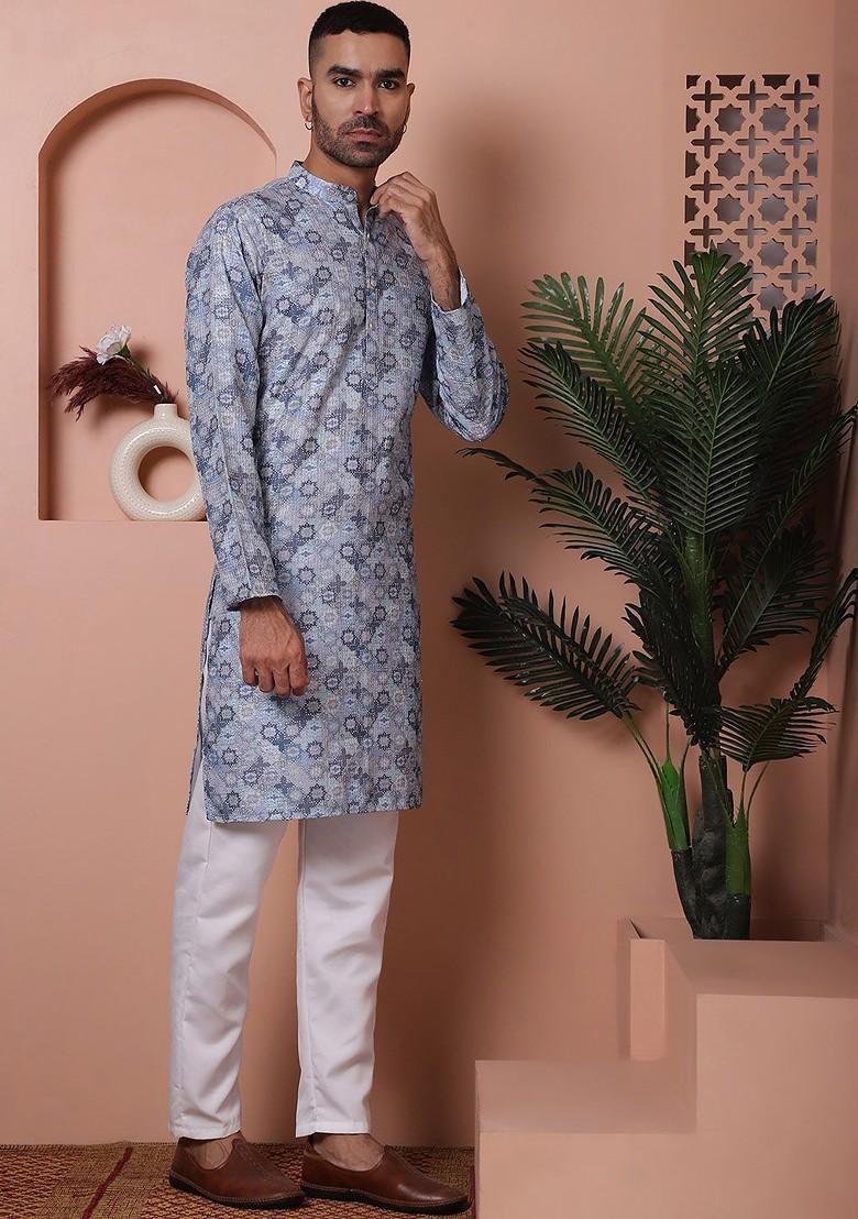 Grey Printed Poly Blend Kurta Set For Men