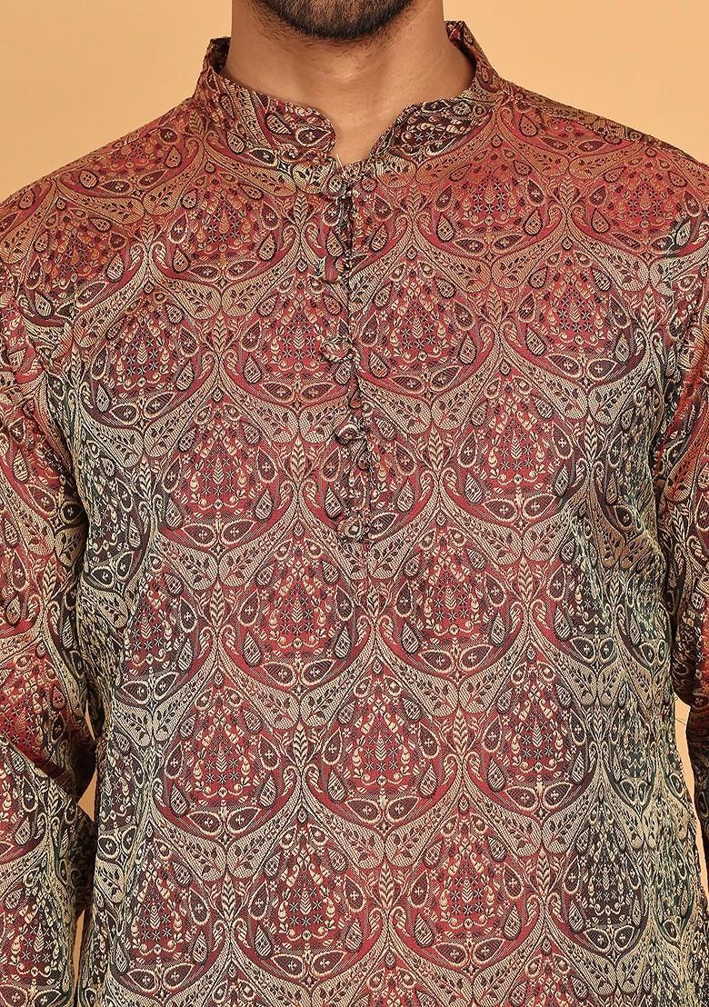 Maroon Woven Design Poly Blend Kurta Set For Men