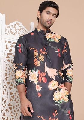 Black Printed Poly Blend Kurta Set For Men
