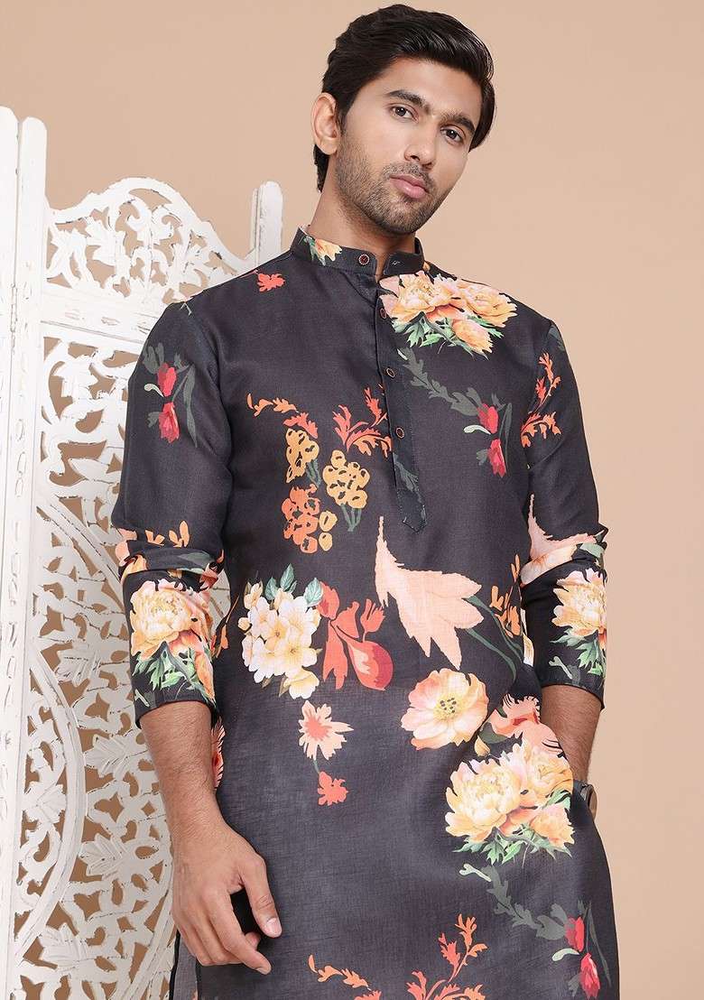 Black Printed Poly Blend Kurta Set For Men - Indya