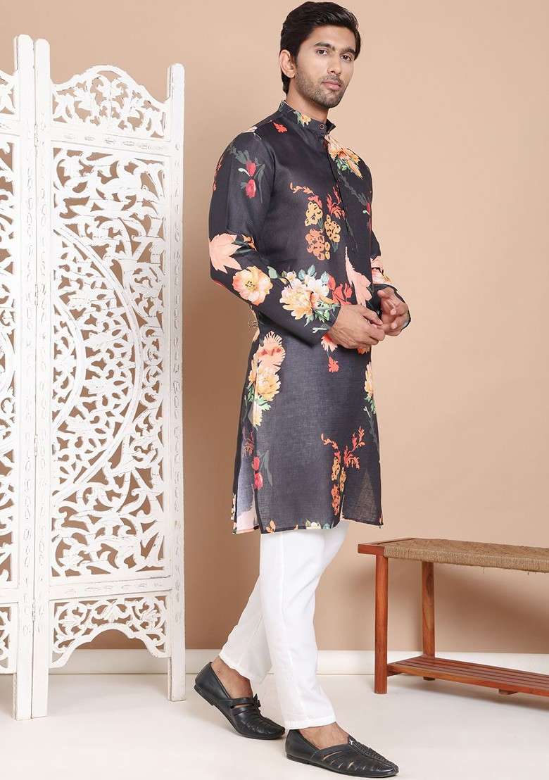 Black Printed Poly Blend Kurta Set For Men - Indya