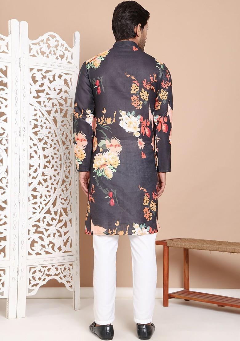 Black Printed Poly Blend Kurta Set For Men