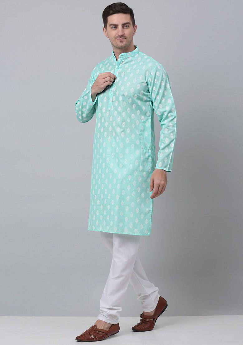 Green Printed Poly Blend Kurta Set For Men