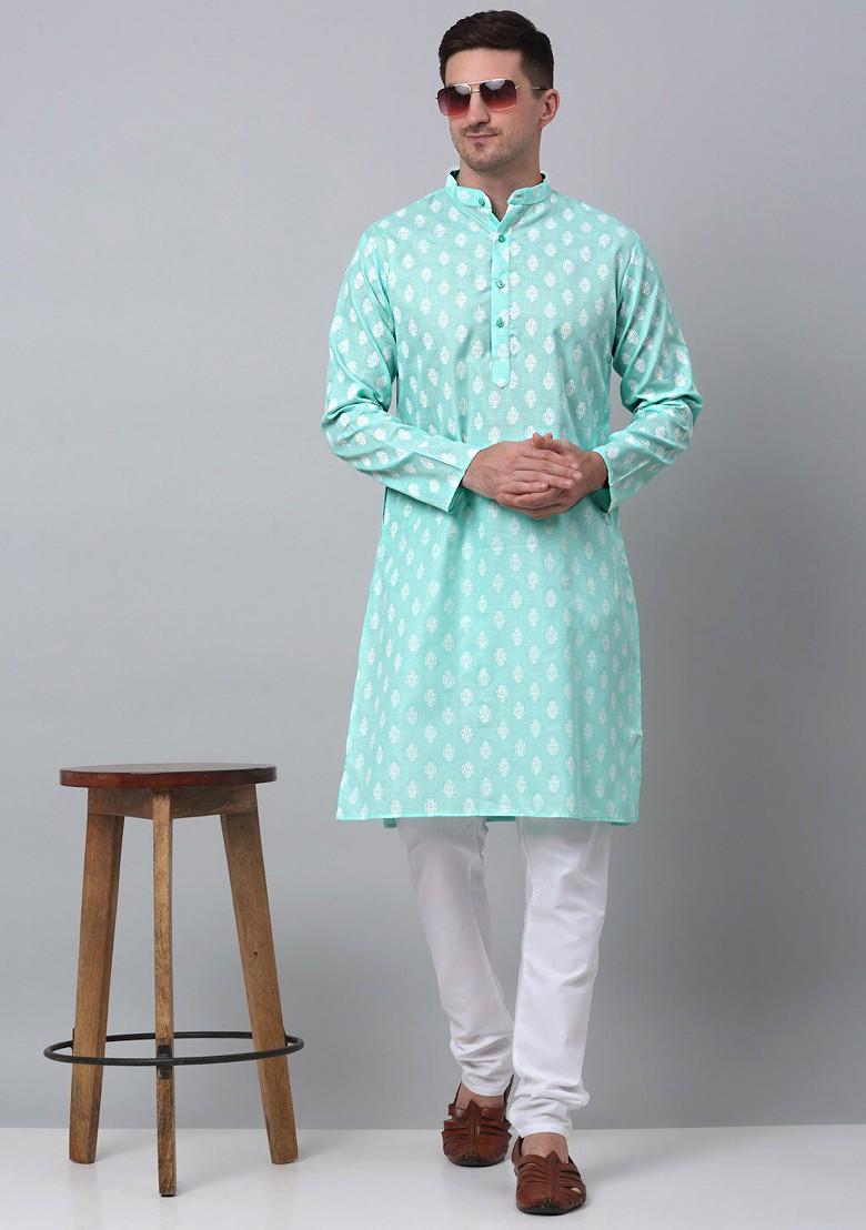 Green Printed Poly Blend Kurta Set For Men