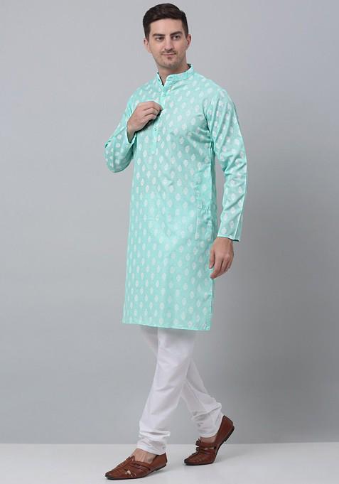 Green Printed Poly Blend Kurta Set For Men
