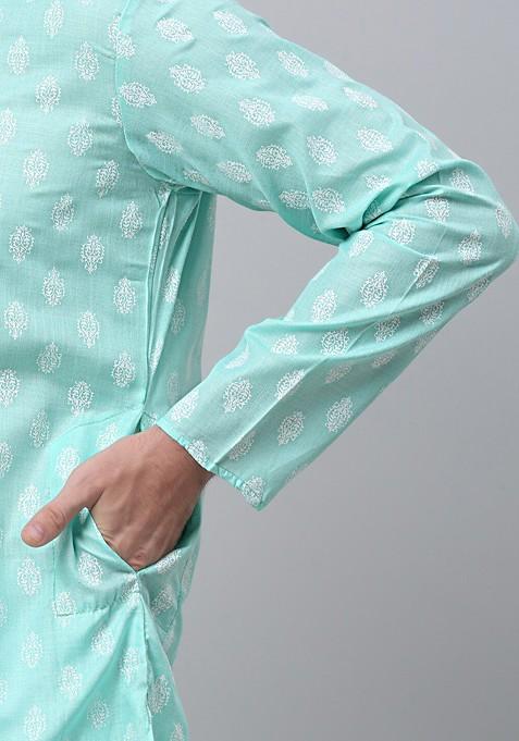 Green Printed Poly Blend Kurta Set For Men