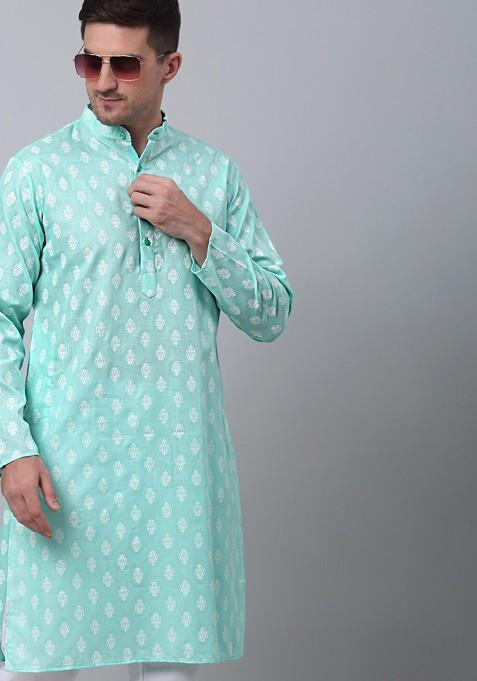 Green Printed Poly Blend Kurta Set For Men