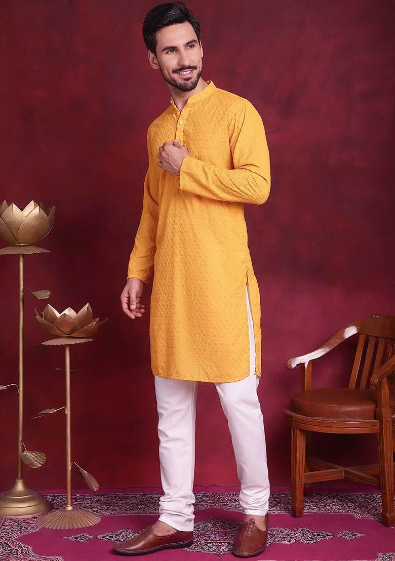Mustard Yellow Embroidered Poly Blend Kurta Set For Men