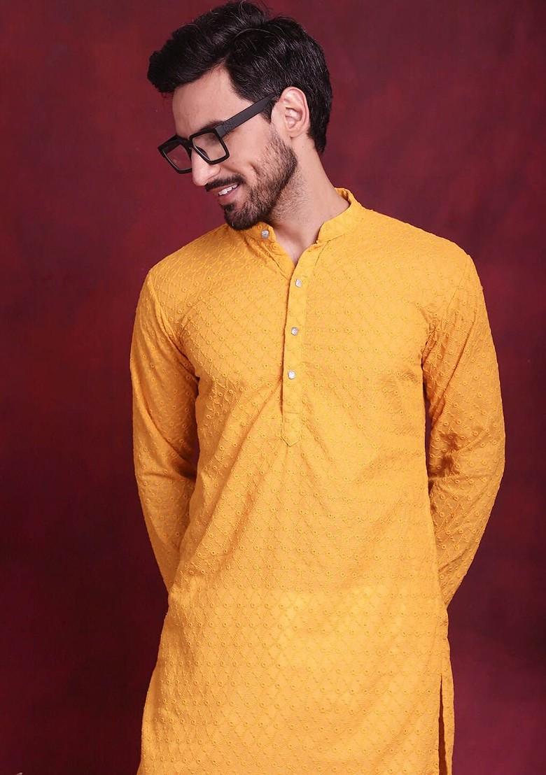 Mustard Yellow Embroidered Poly Blend Kurta Set For Men