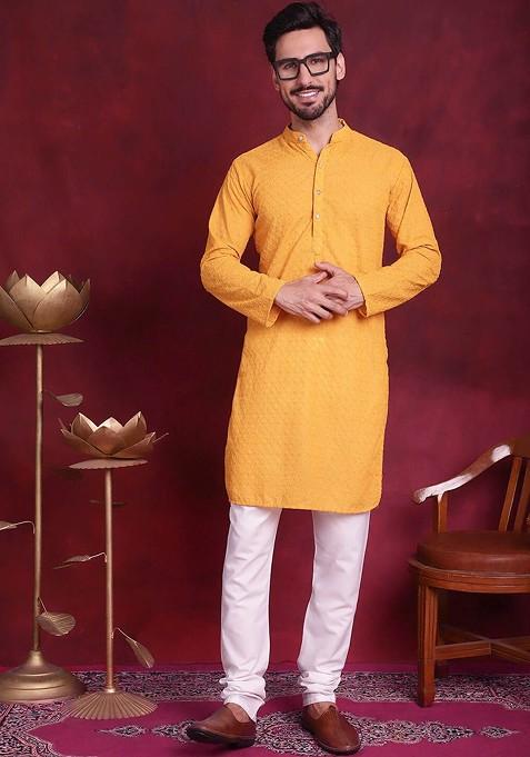 Mustard Yellow Embroidered Poly Blend Kurta Set For Men